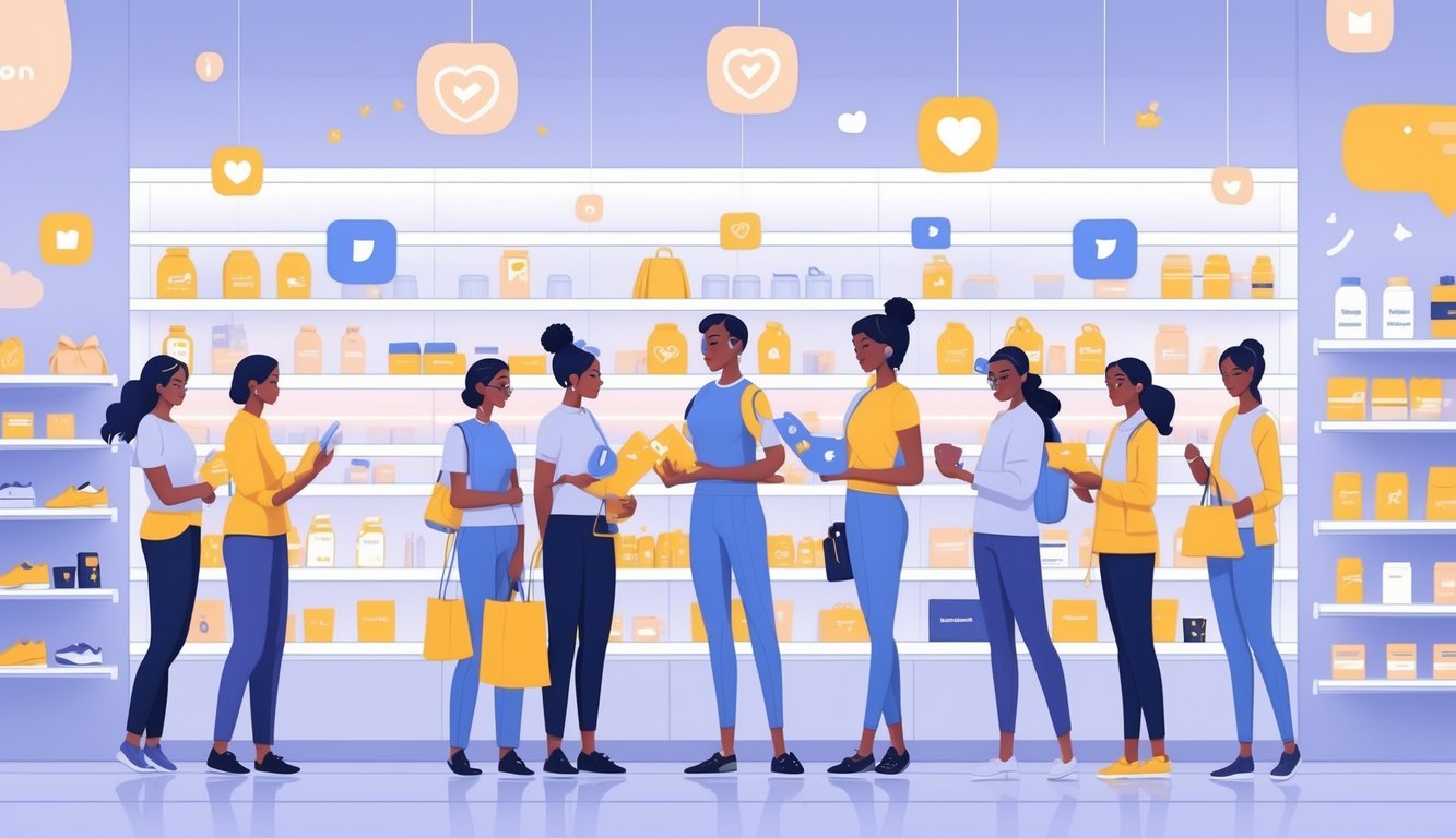 Feature image Shoppers examining influencer brand products in a modern retail store, with digital icons indicating social media influence around the products.