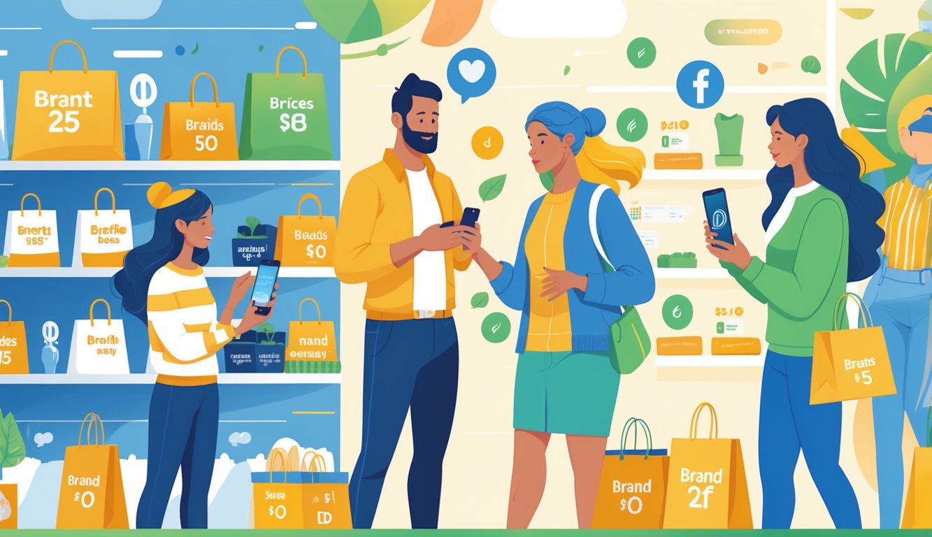 Shoppers examining products in a store while an influencer interacts with them, highlighting popular influencer brands in the background.