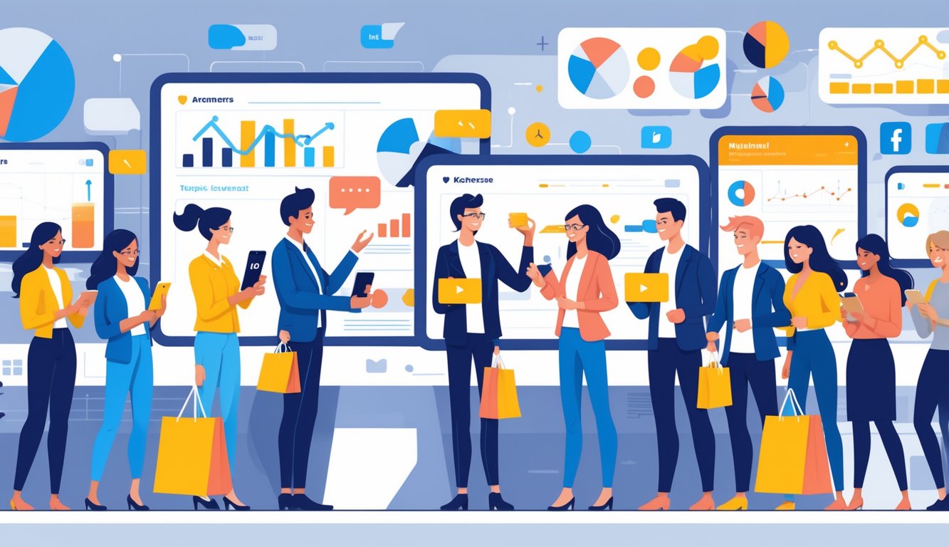 People using digital devices to engage with social media content while shoppers interact and show interest in a modern workspace setting.