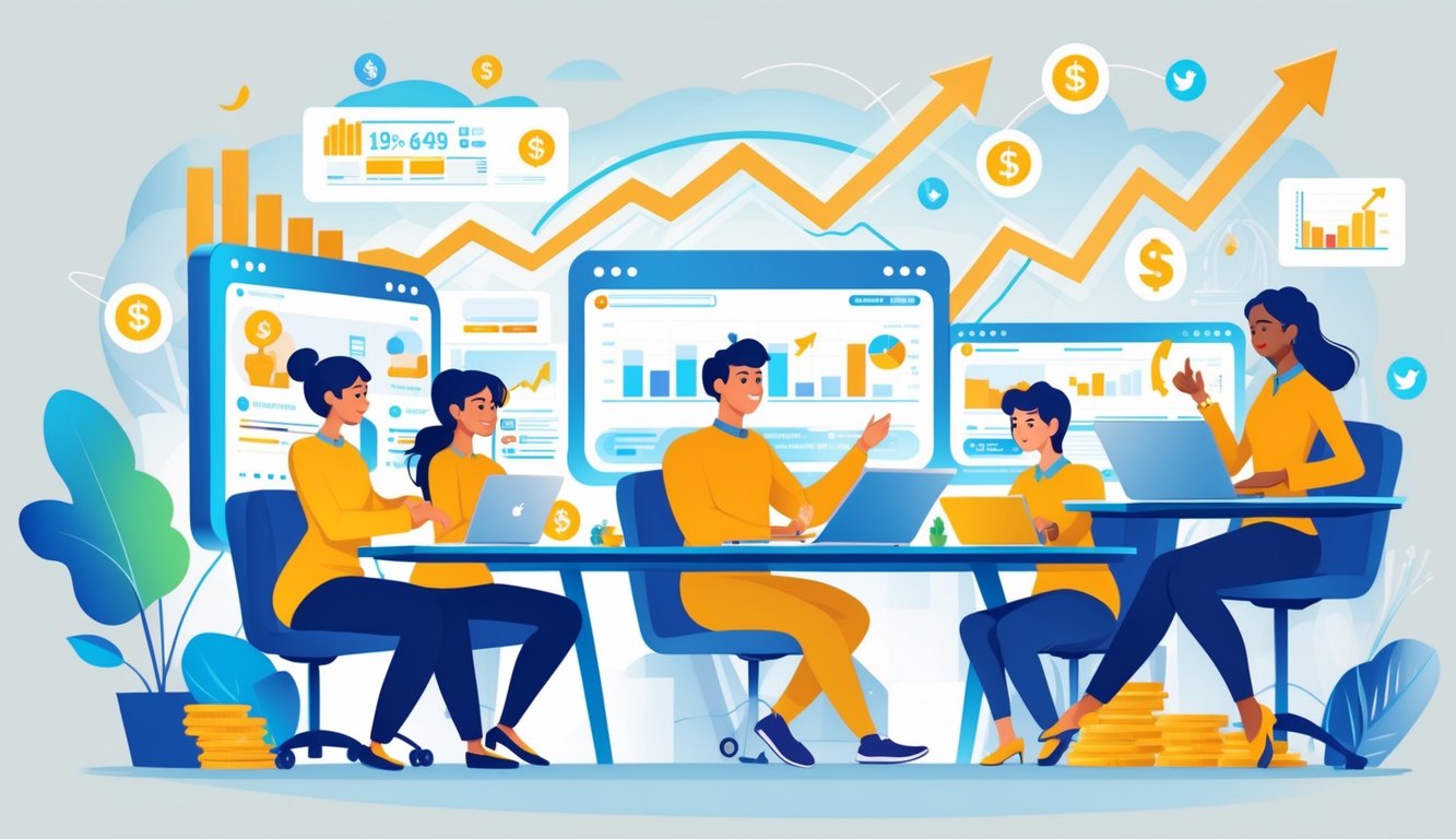 A group of people working together with digital devices and charts showing sales growth and customer engagement in a bright office.